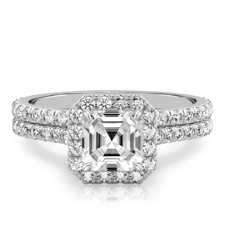 asscher cut diamond cushion halo engagement ring set in palladium