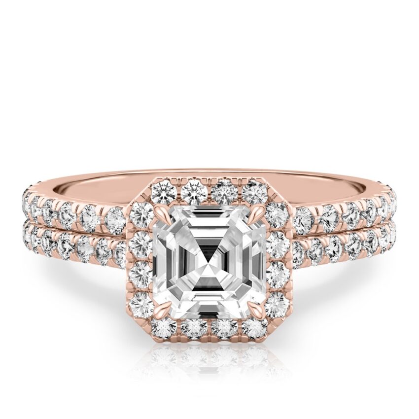 asscher cut diamond cushion halo engagement ring set in rose gold