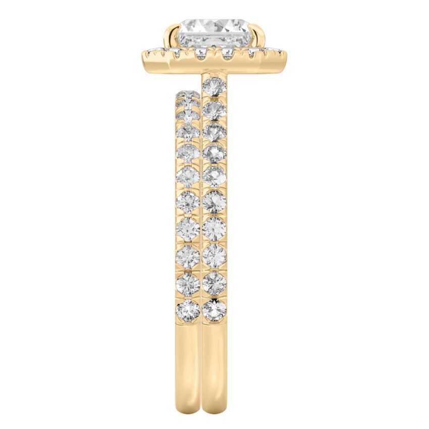 Side view of asscher cut diamond cushion halo engagement ring set yellow gold