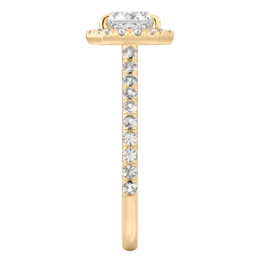Side view of asscher cut diamond cushion halo engagement ring yellow gold