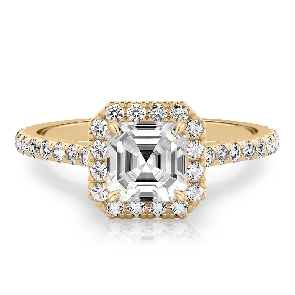 asscher cut diamond cushion halo engagement ring yellow gold