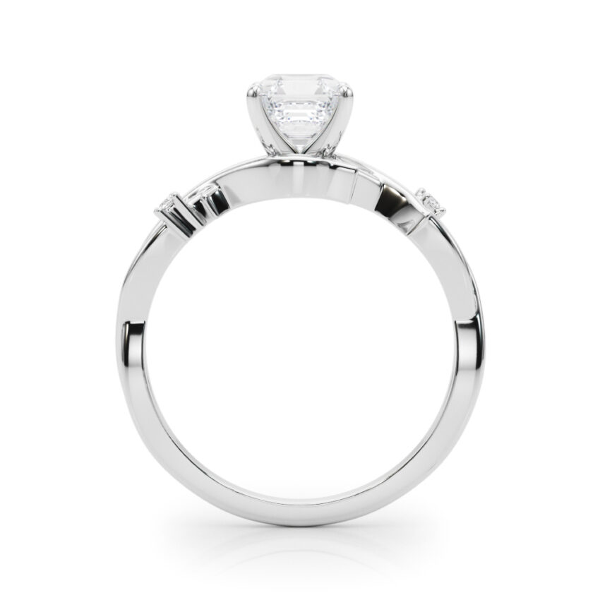 Side view of asscher cut diamond thorn engagement ring palladium
