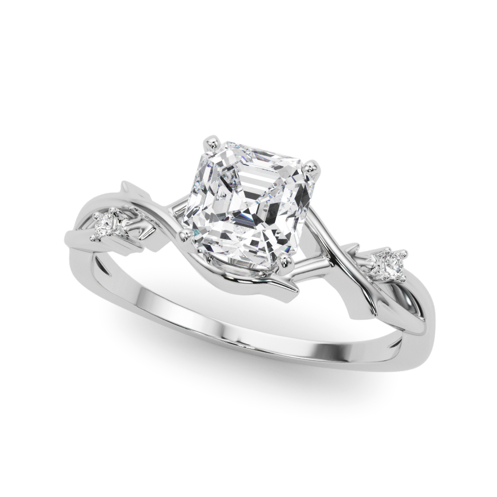 Angle view of asscher cut diamond thorn engagement ring platinum