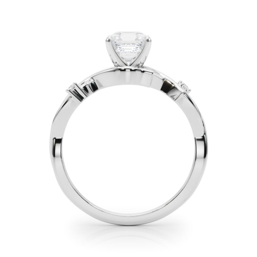 Side view of asscher cut diamond thorn engagement ring platinum