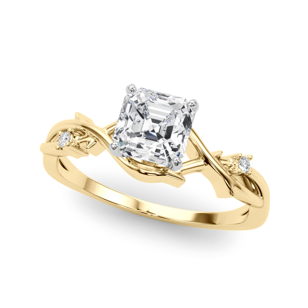 Angle view of asscher cut diamond thorn engagement ring yellow gold