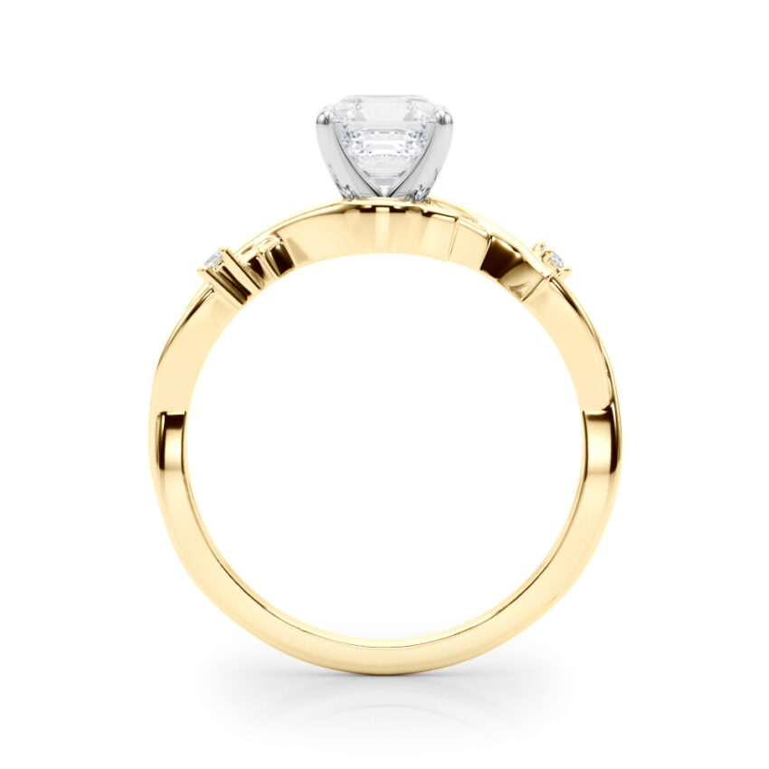 Side view of asscher cut diamond thorn engagement ring yellow gold