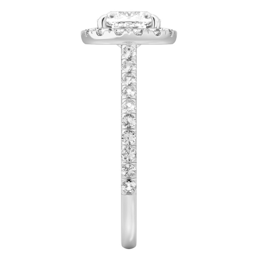Side view of cushion cut diamond cushion halo engagement ring palladium