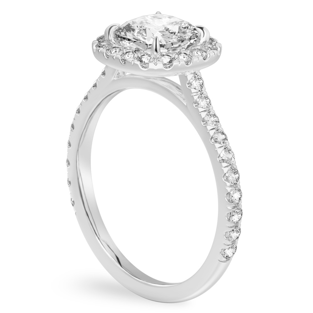 Angle view of cushion cut diamond cushion halo engagement ring platinum