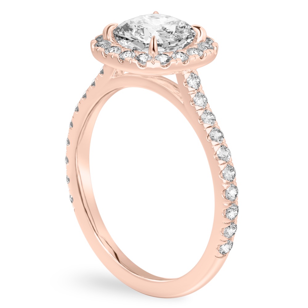 Angle view of cushion cut diamond cushion halo engagement ring rose gold