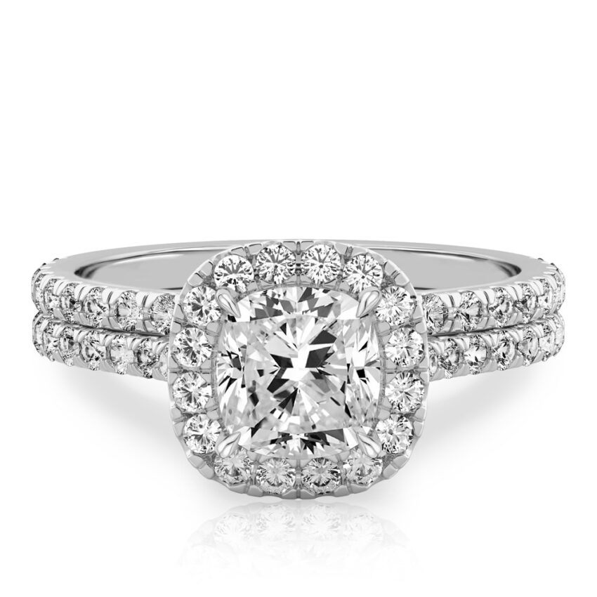 cushion cut diamond cushion halo engagement ring set in white gold