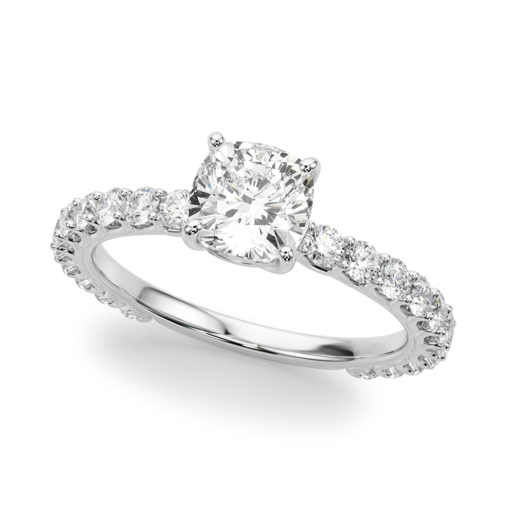 Angle view of cushion cut diamond engagement band with diamonds palladium