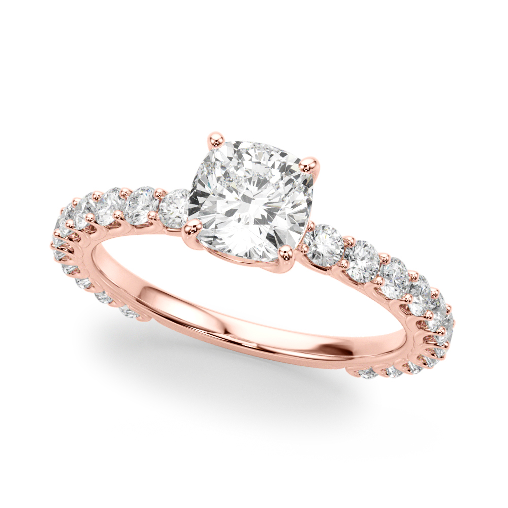 Angle view of cushion cut diamond engagement band with diamonds rose gold