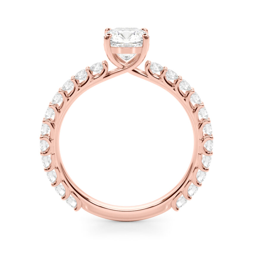 Side view of cushion cut diamond engagement band with diamonds rose gold