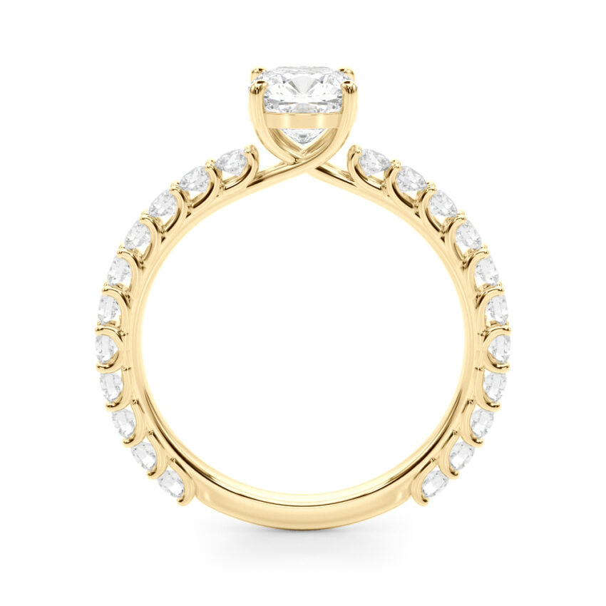 Side view of cushion cut diamond engagement band with diamonds yellow gold