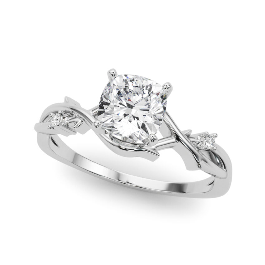 Angle view of cushion cut diamond thorn engagement ring palladium