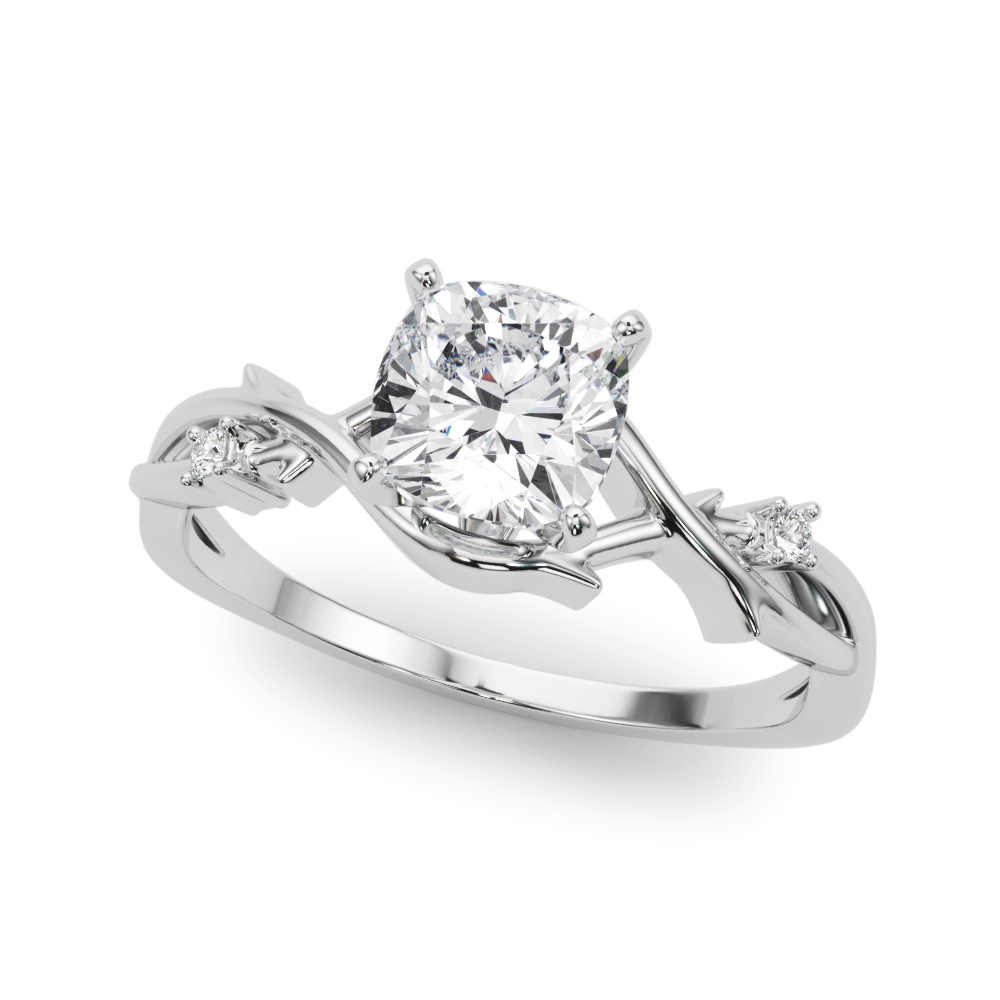 Angle view of cushion cut diamond thorn engagement ring platinum