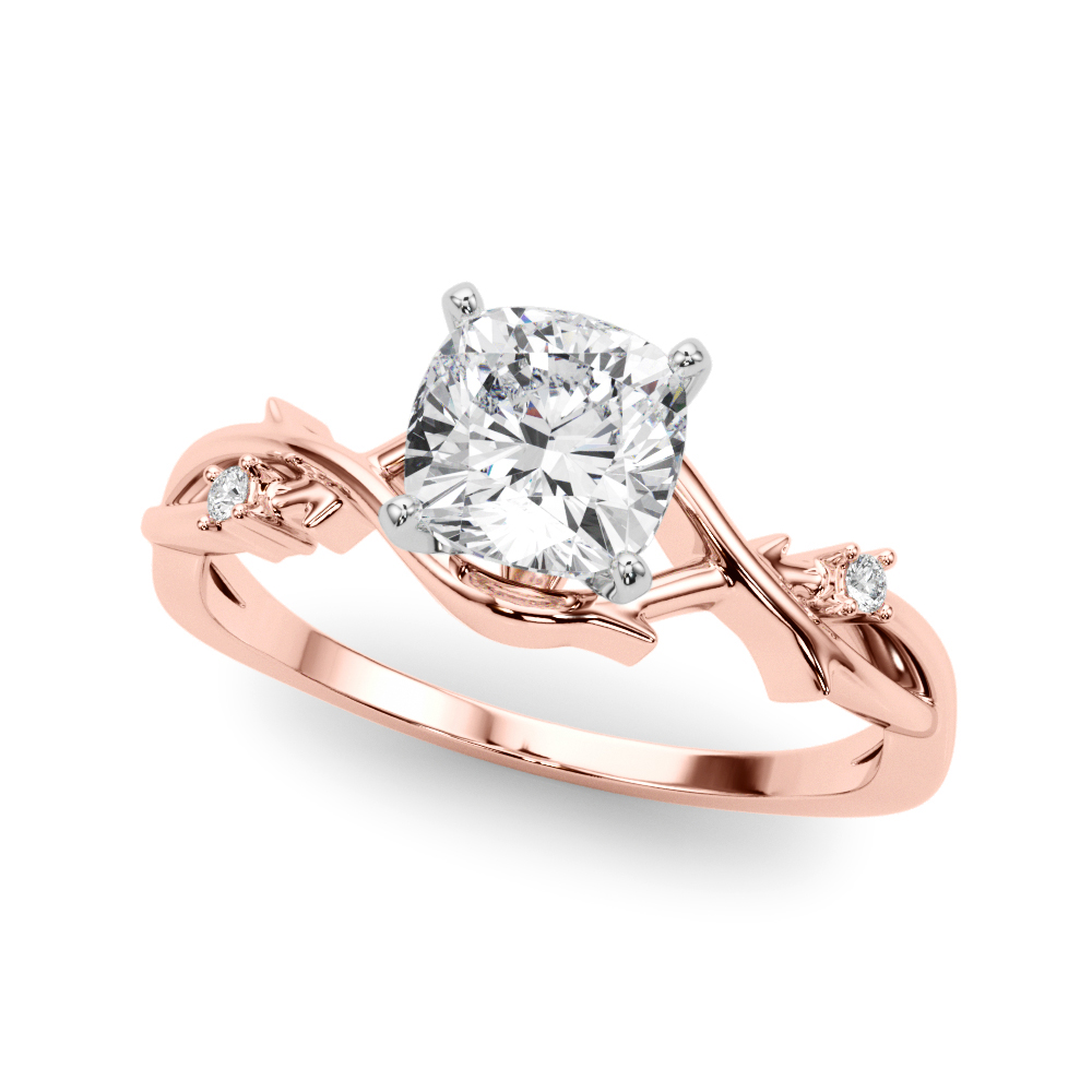 Angle view of cushion cut diamond thorn engagement ring rose gold