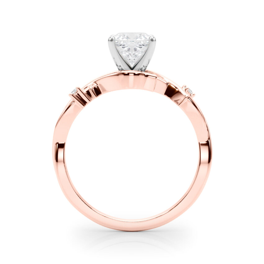 Side view of cushion cut diamond thorn engagement ring rose gold