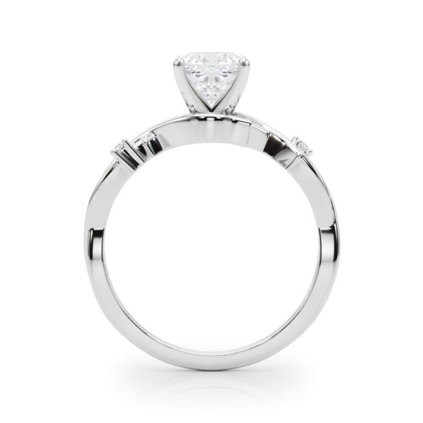 Side view of cushion cut diamond thorn engagement ring white gold