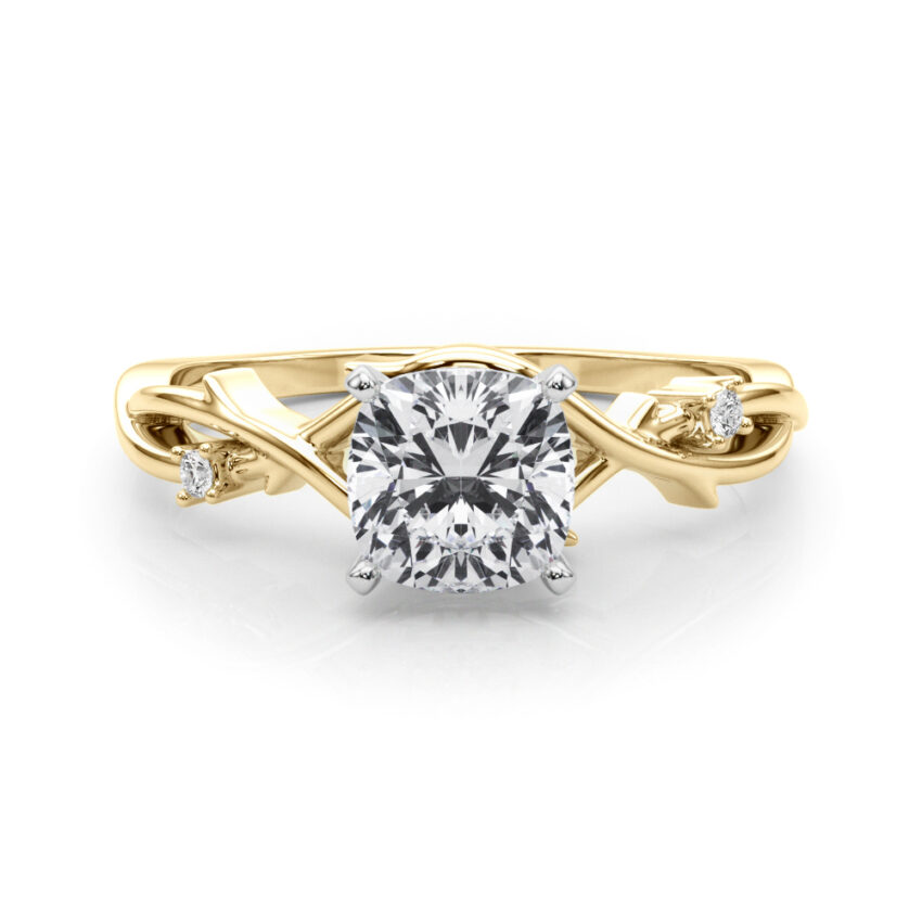 cushion cut diamond thorn engagement ring in yellow gold