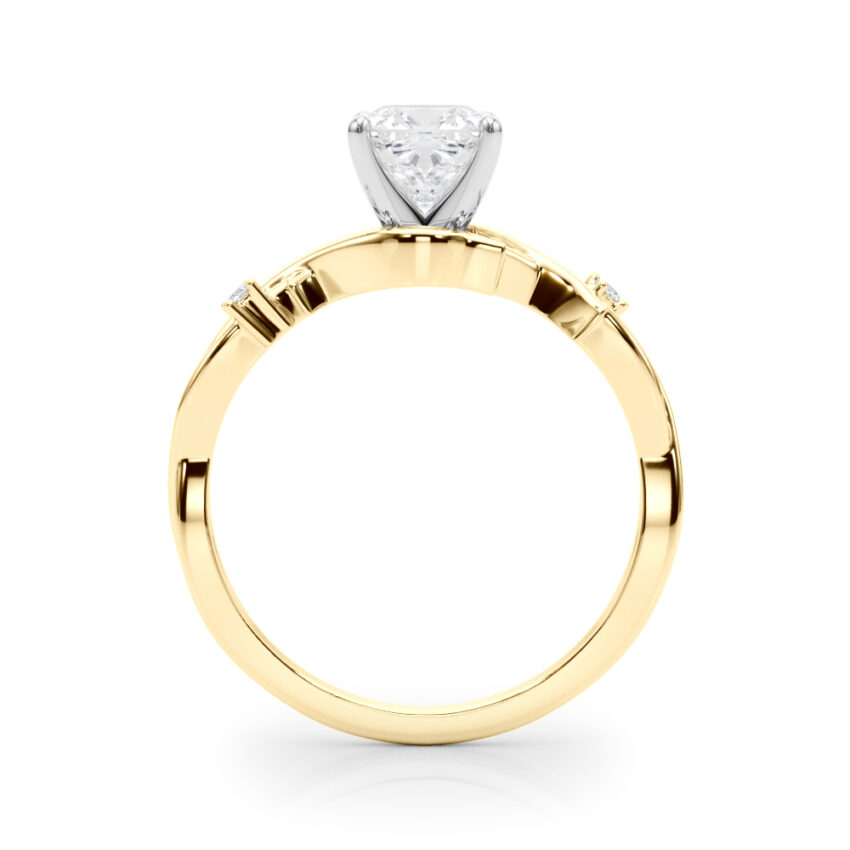 Side view of cushion cut diamond thorn engagement ring yellow gold