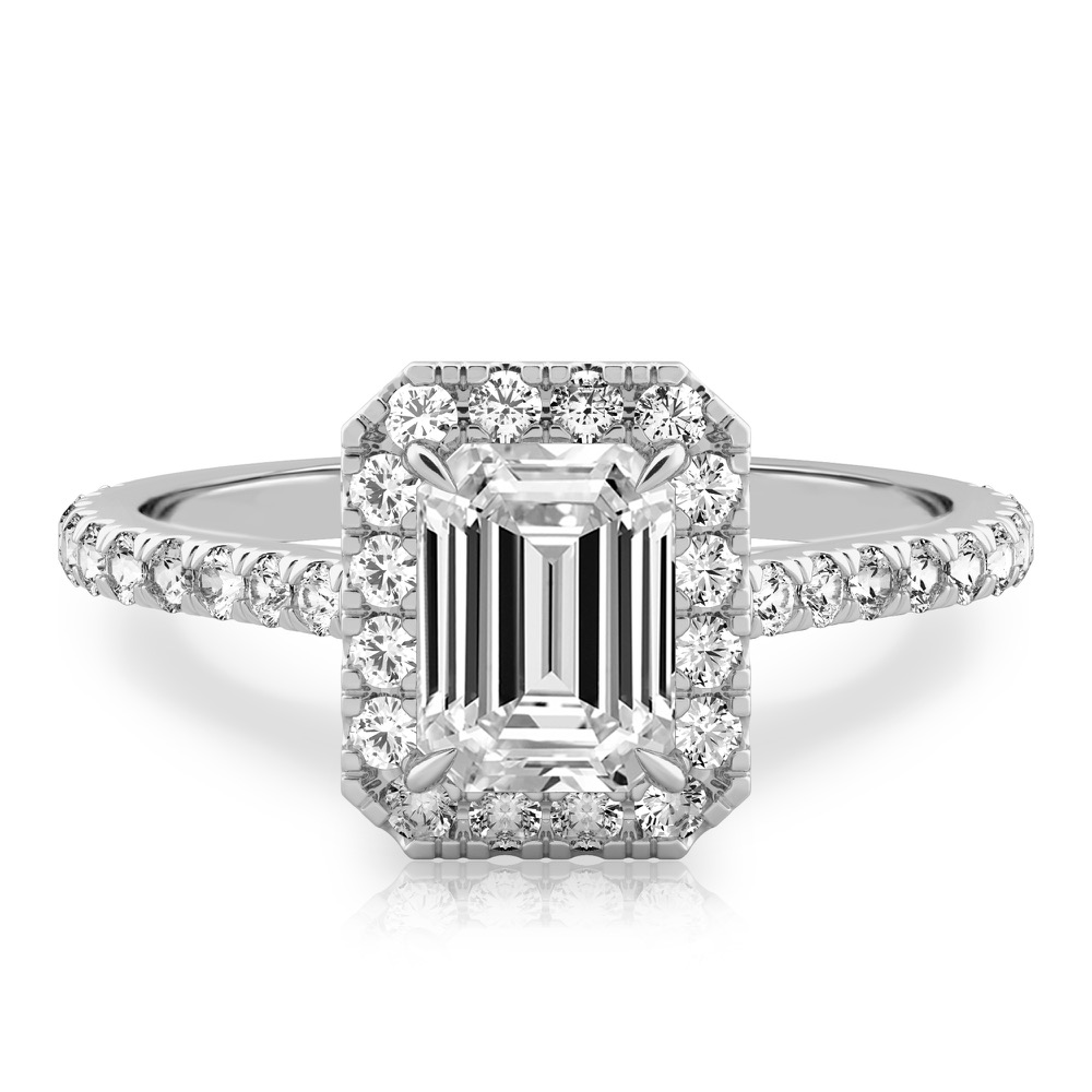 emerald cut diamond cushion halo engagement ring platinum