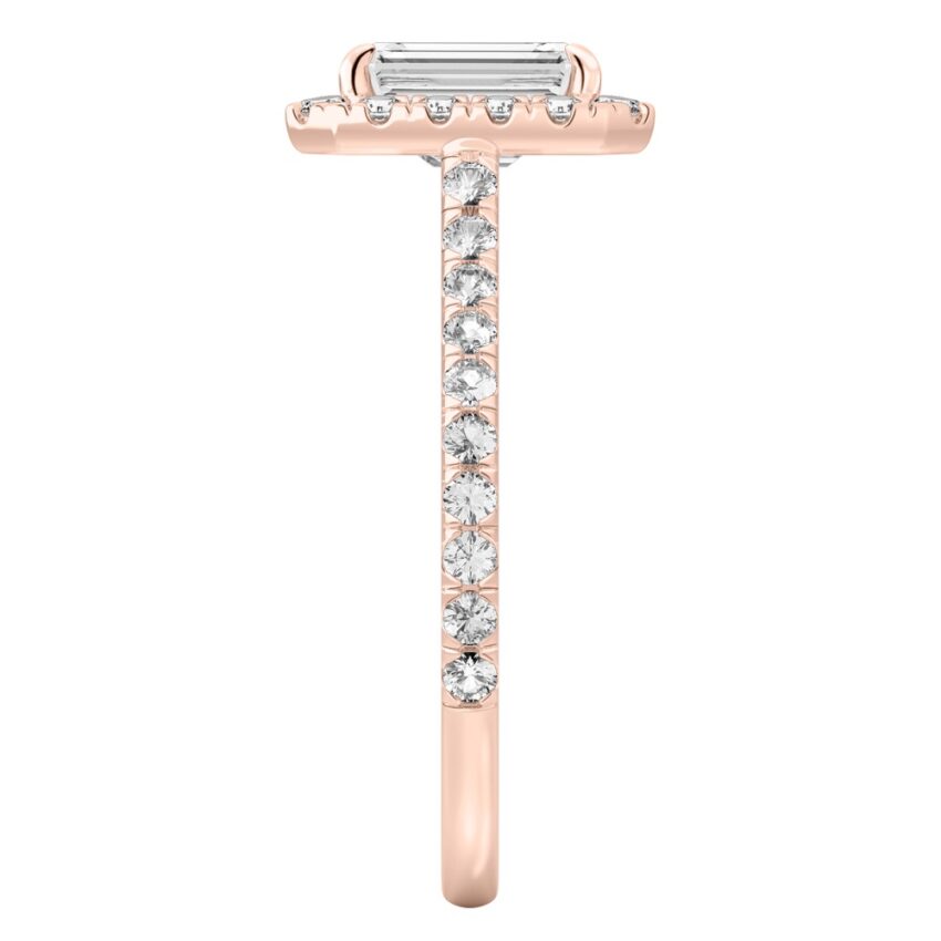 Side view of emerald cut diamond cushion halo engagement ring rose gold