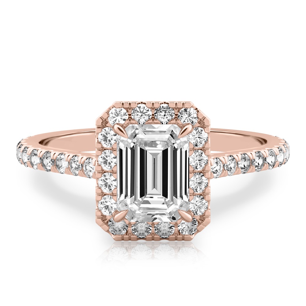 emerald cut diamond cushion halo engagement ring rose gold