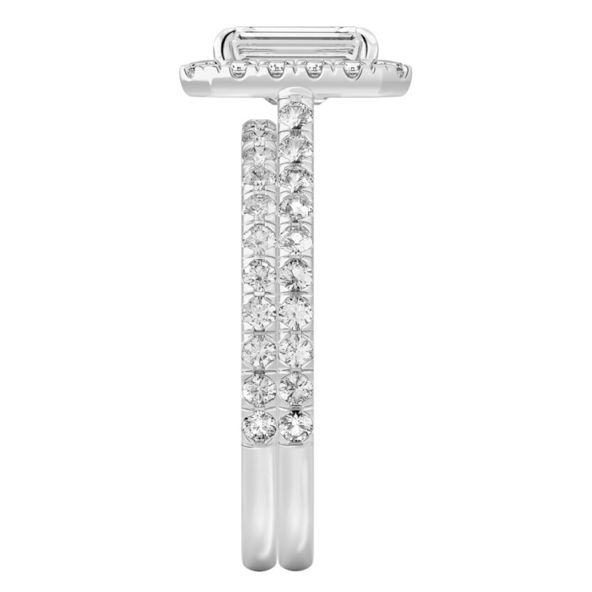 Side view of emerald cut diamond cushion halo engagement ring set platinum