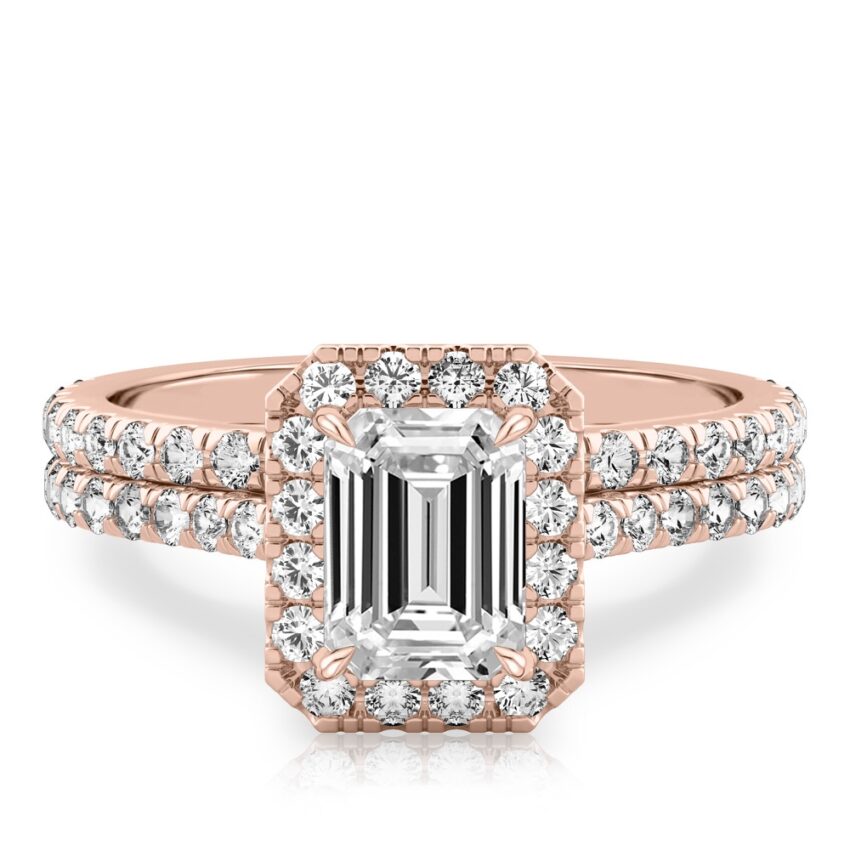 emerald cut diamond cushion halo engagement ring set in rose gold