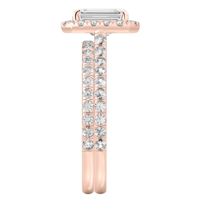 Side view of emerald cut diamond cushion halo engagement ring set rose gold