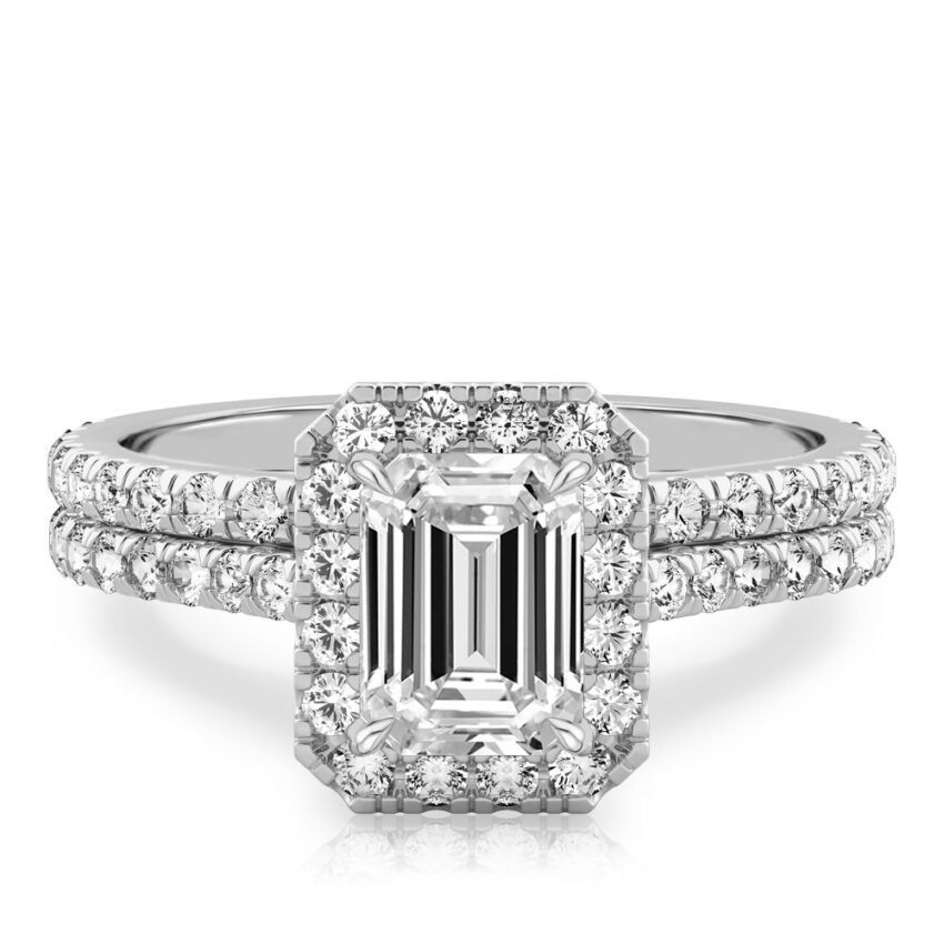 emerald cut diamond cushion halo engagement ring set in white gold