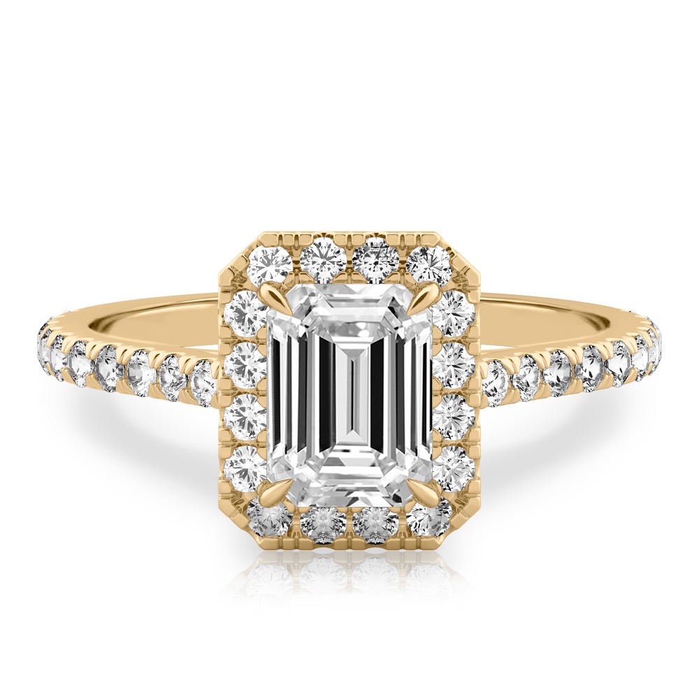 emerald cut diamond cushion halo engagement ring yellow gold