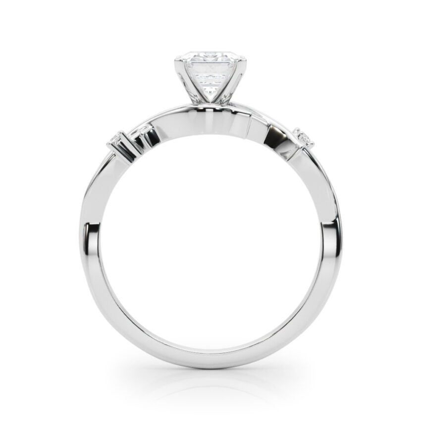 Side view of emerald cut diamond thorn engagement ring palladium
