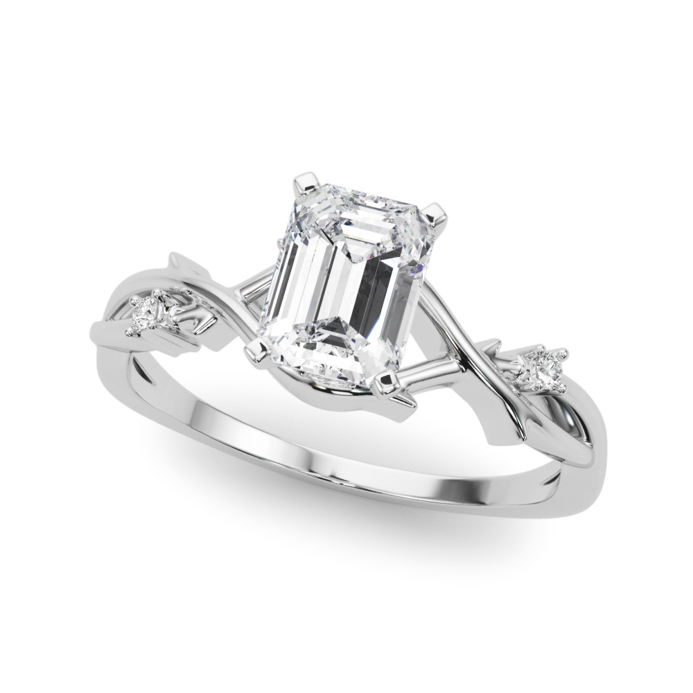 Angle view of emerald cut diamond thorn engagement ring platinum