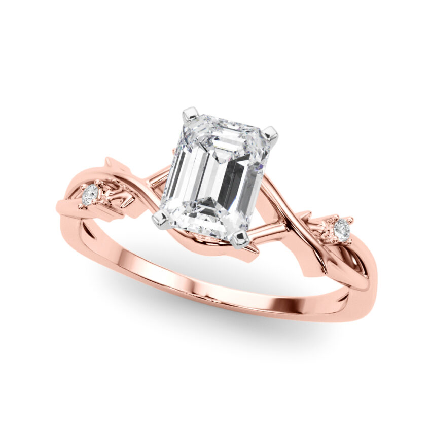 Angle view of emerald cut diamond thorn engagement ring rose gold