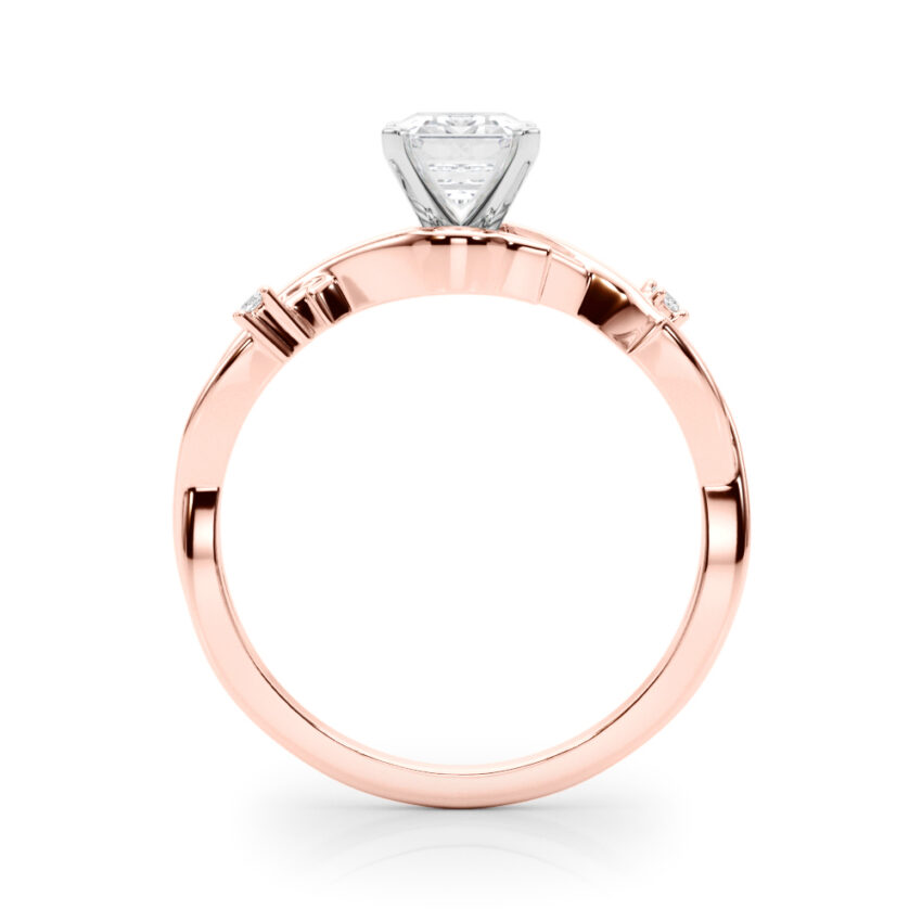 Side view of emerald cut diamond thorn engagement ring rose gold