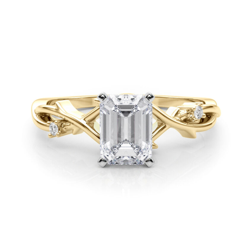 emerald cut diamond thorn engagement ring in yellow gold