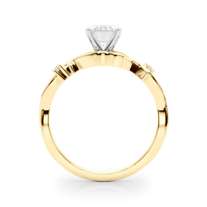 Side view of emerald cut diamond thorn engagement ring yellow gold