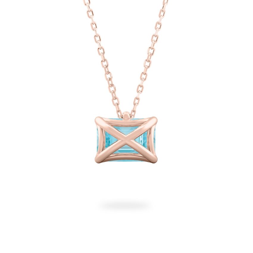 back view of emerald cut march birthstone necklace in rose gold