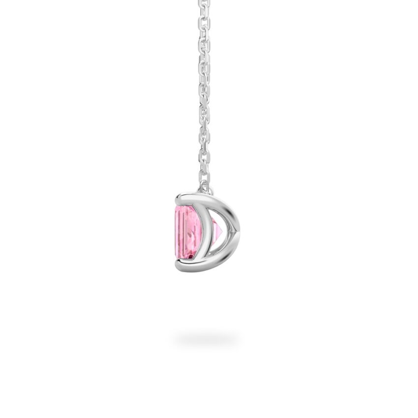 side view of emerald cut october birthstone necklace in platinum