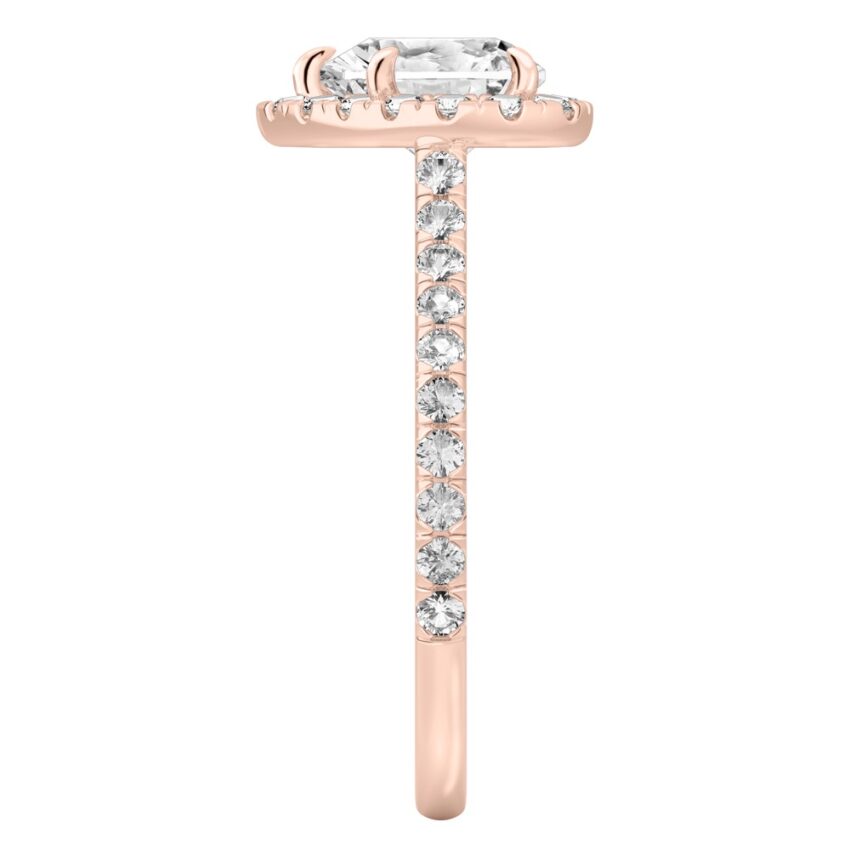Side view of heart shape diamond cushion halo engagement ring rose gold