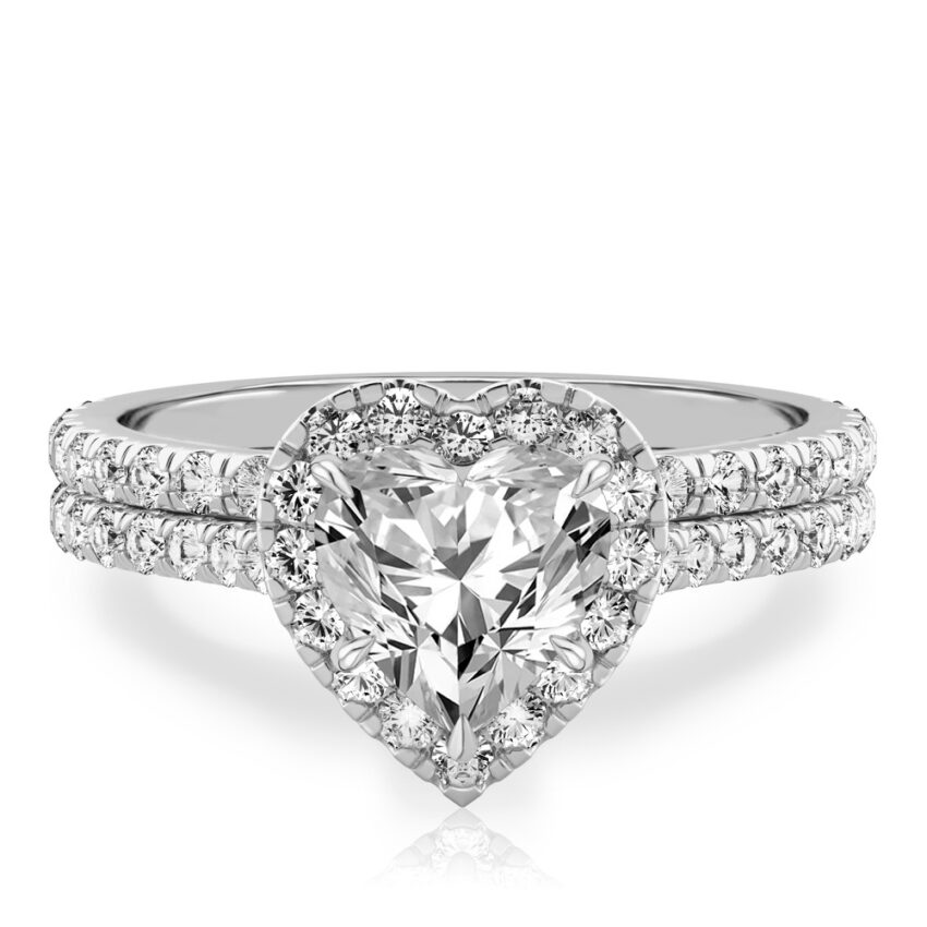 heart shape diamond cushion halo engagement ring set in platinum