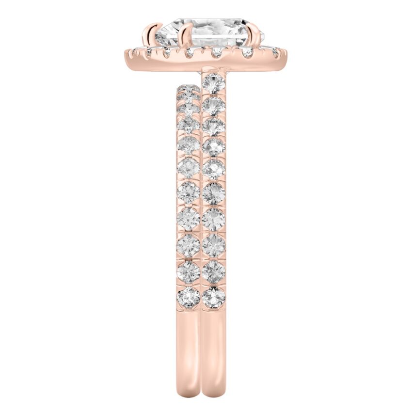 Side view of heart shape diamond cushion halo engagement ring set rose gold