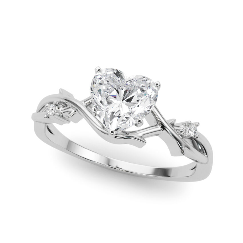 Angle view of heart shape diamond thorn engagement ring palladium