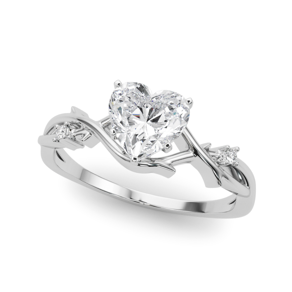 Angle view of heart shape diamond thorn engagement ring platinum