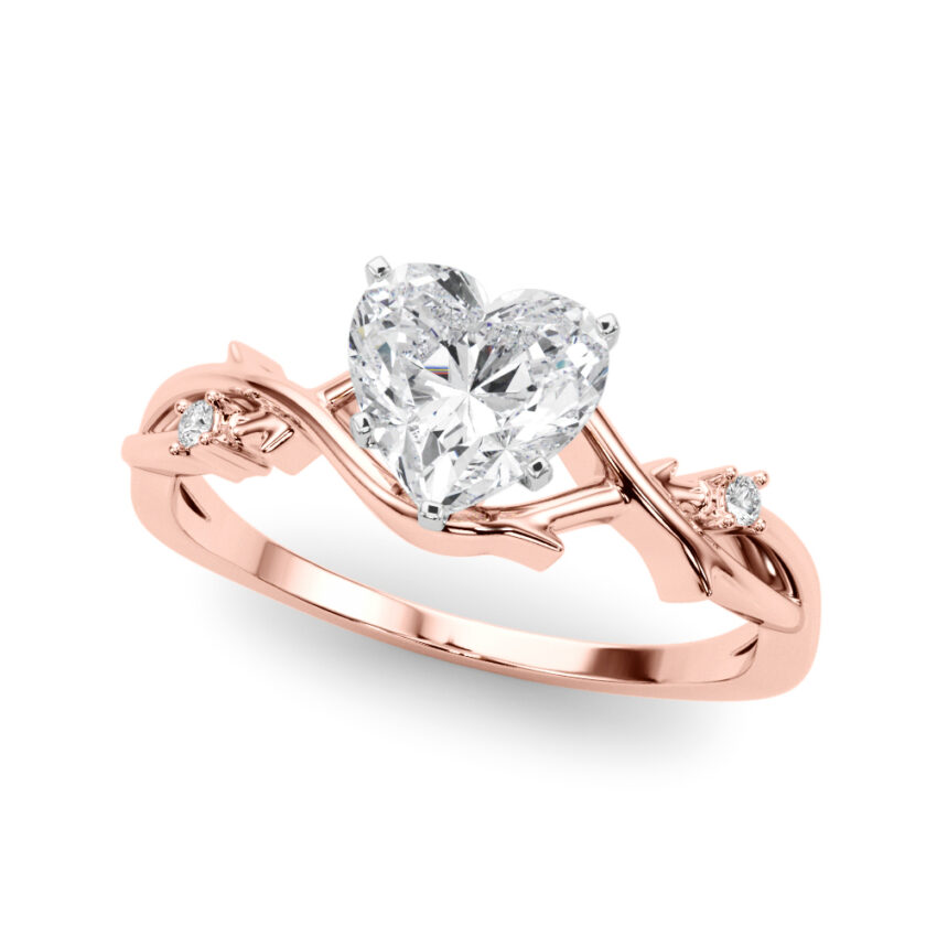 Angle view of heart shape diamond thorn engagement ring rose gold