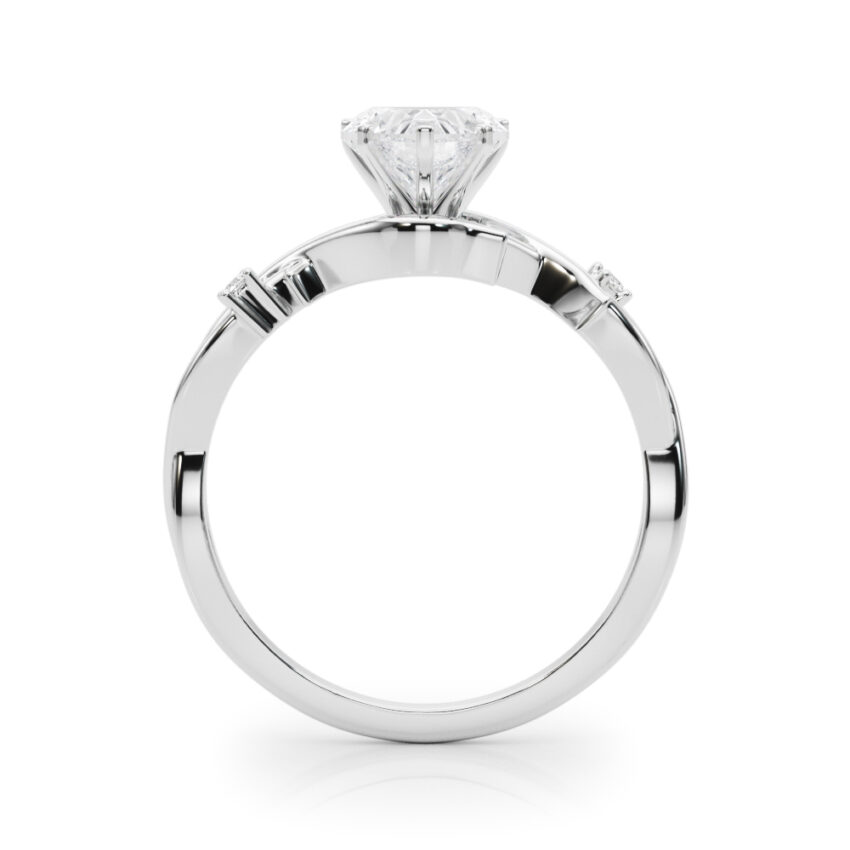 Side view of heart shape diamond thorn engagement ring white gold