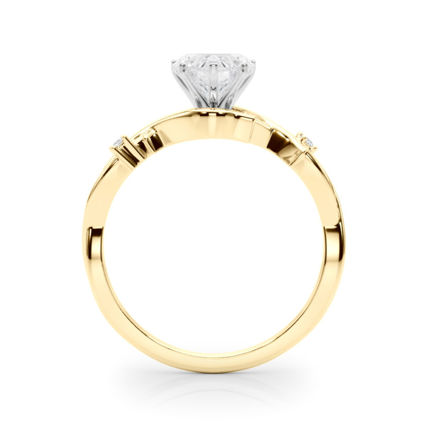 Side view of heart shape diamond thorn engagement ring yellow gold