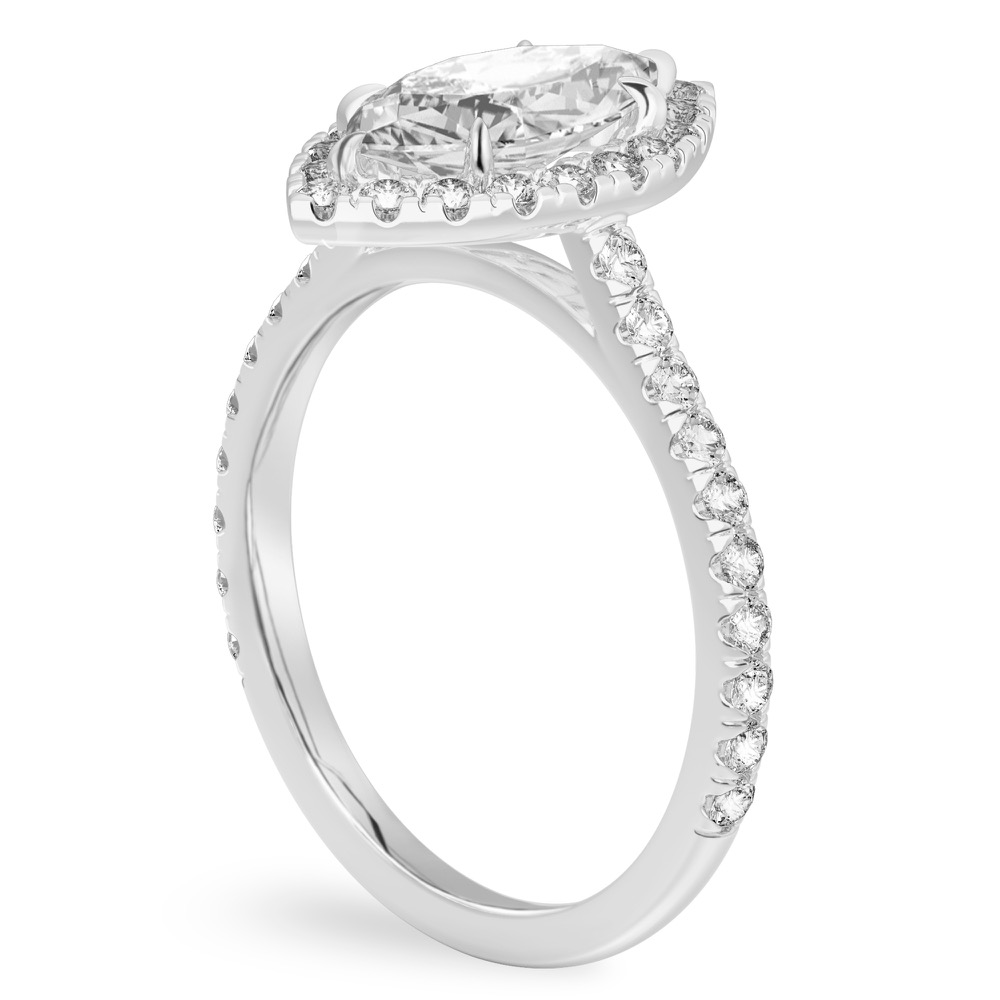 Angle view of marquise cut diamond cushion halo engagement ring platinum